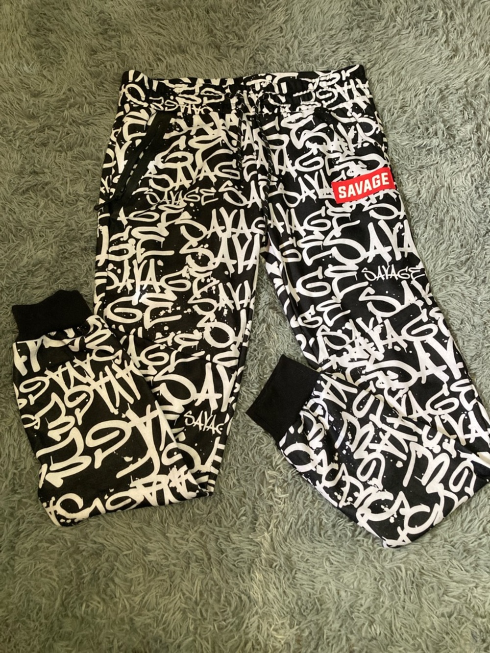 Salvage Black & White Graffiti Sweatpants with Red Patch